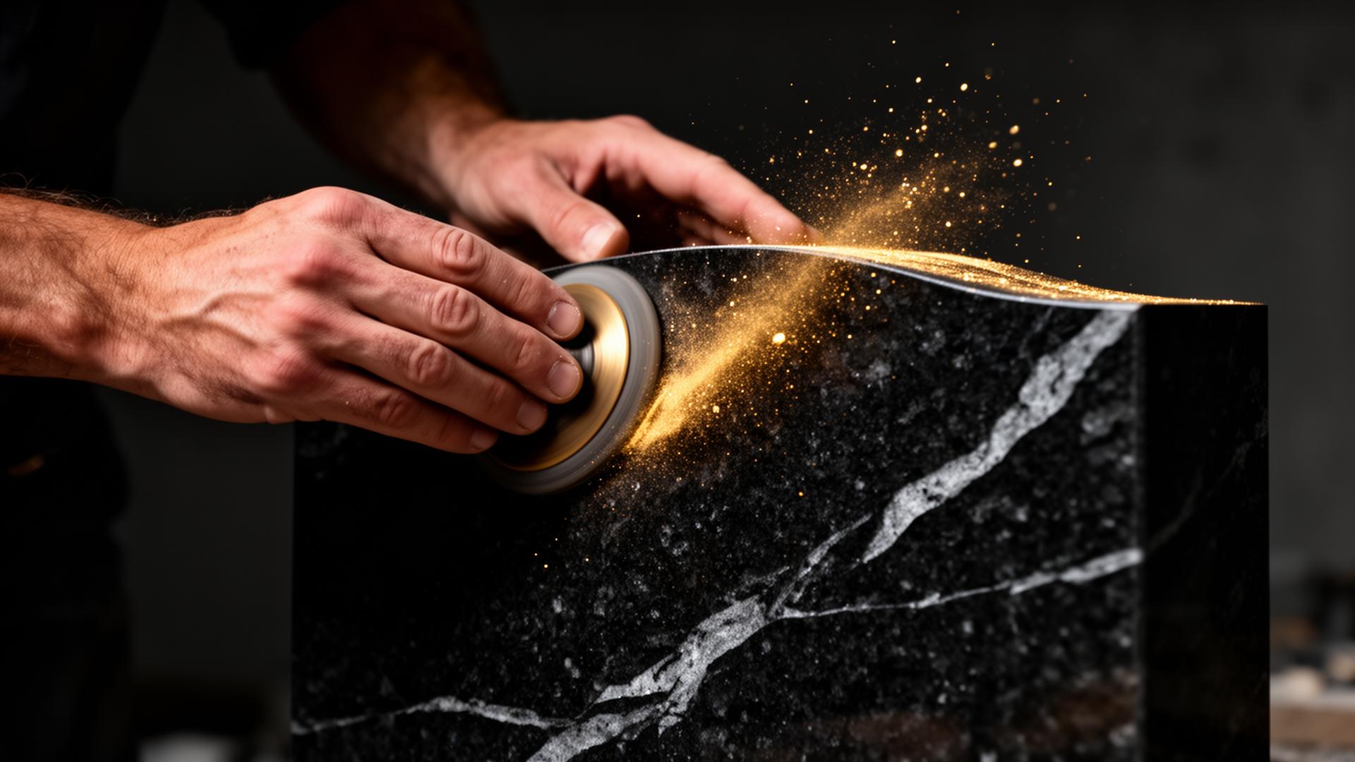 Master craftsman polishing black granite memorial